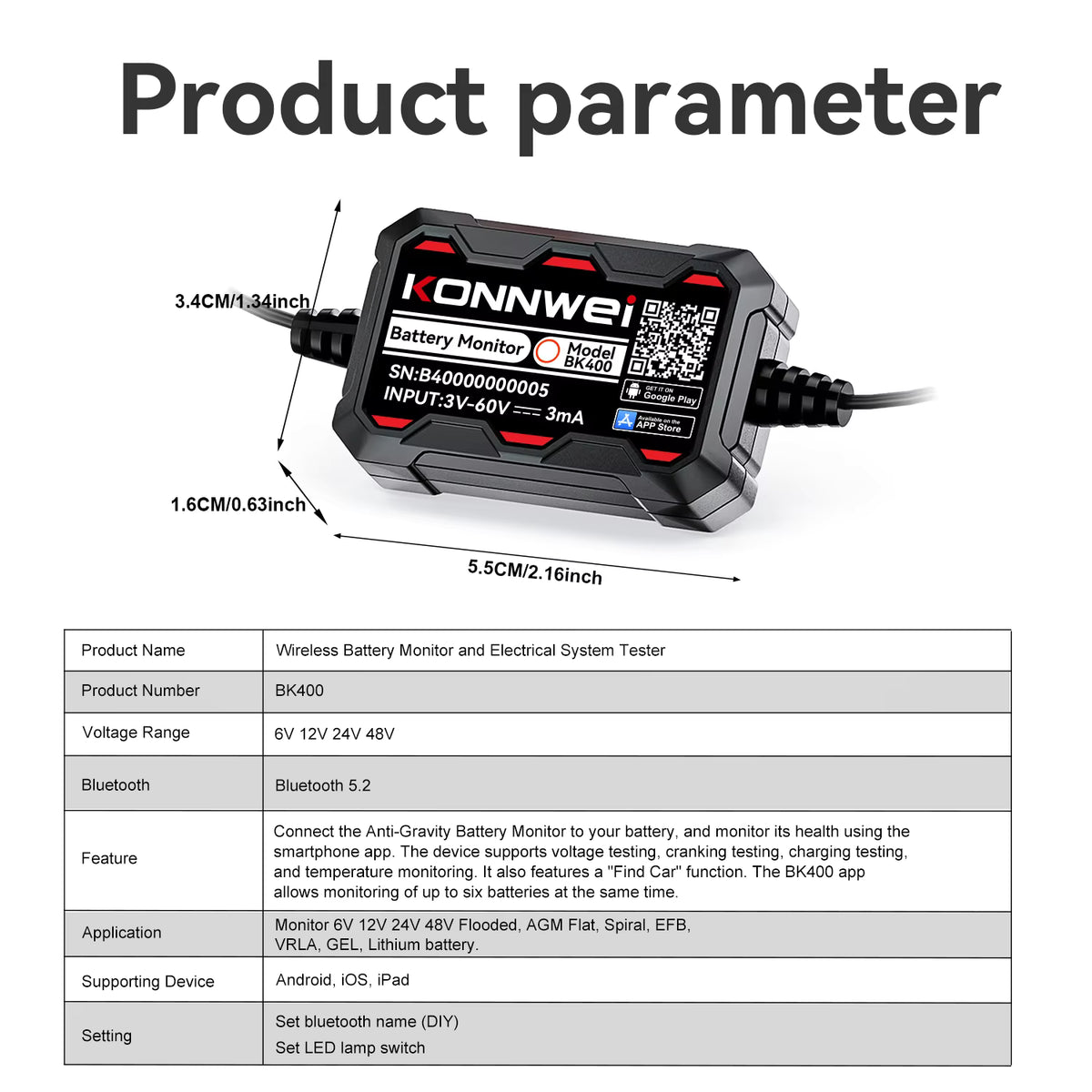 KONNWEI BK400 Wireless Battery Monitor 6V–48V
