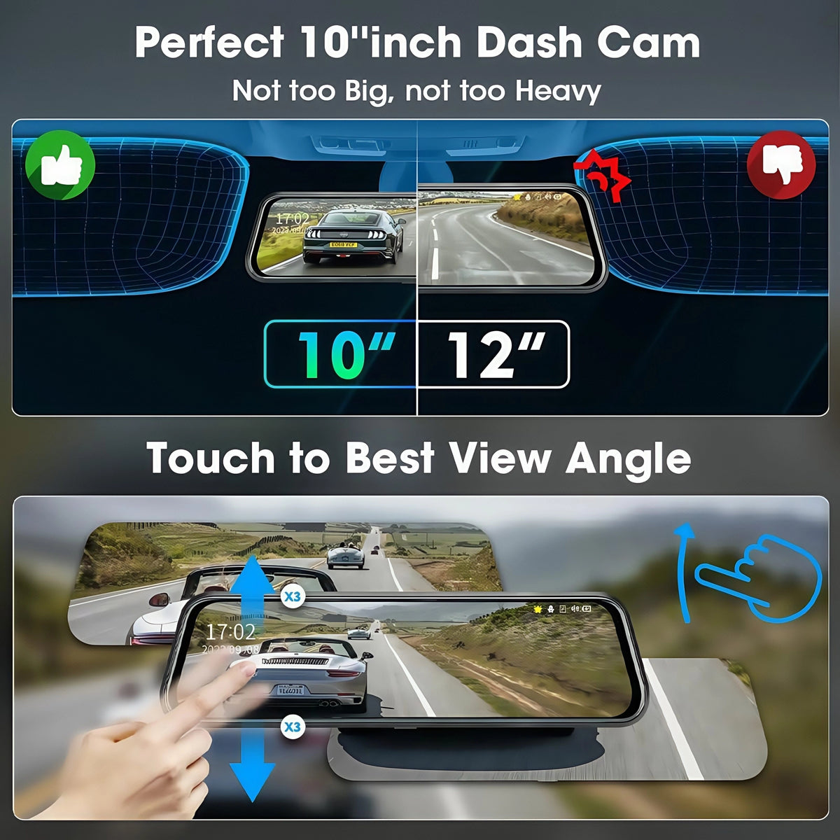 Rétroviseur dashcam à écran tactile IPS de 10 pouces avec enregistrement 4K avant et arrière