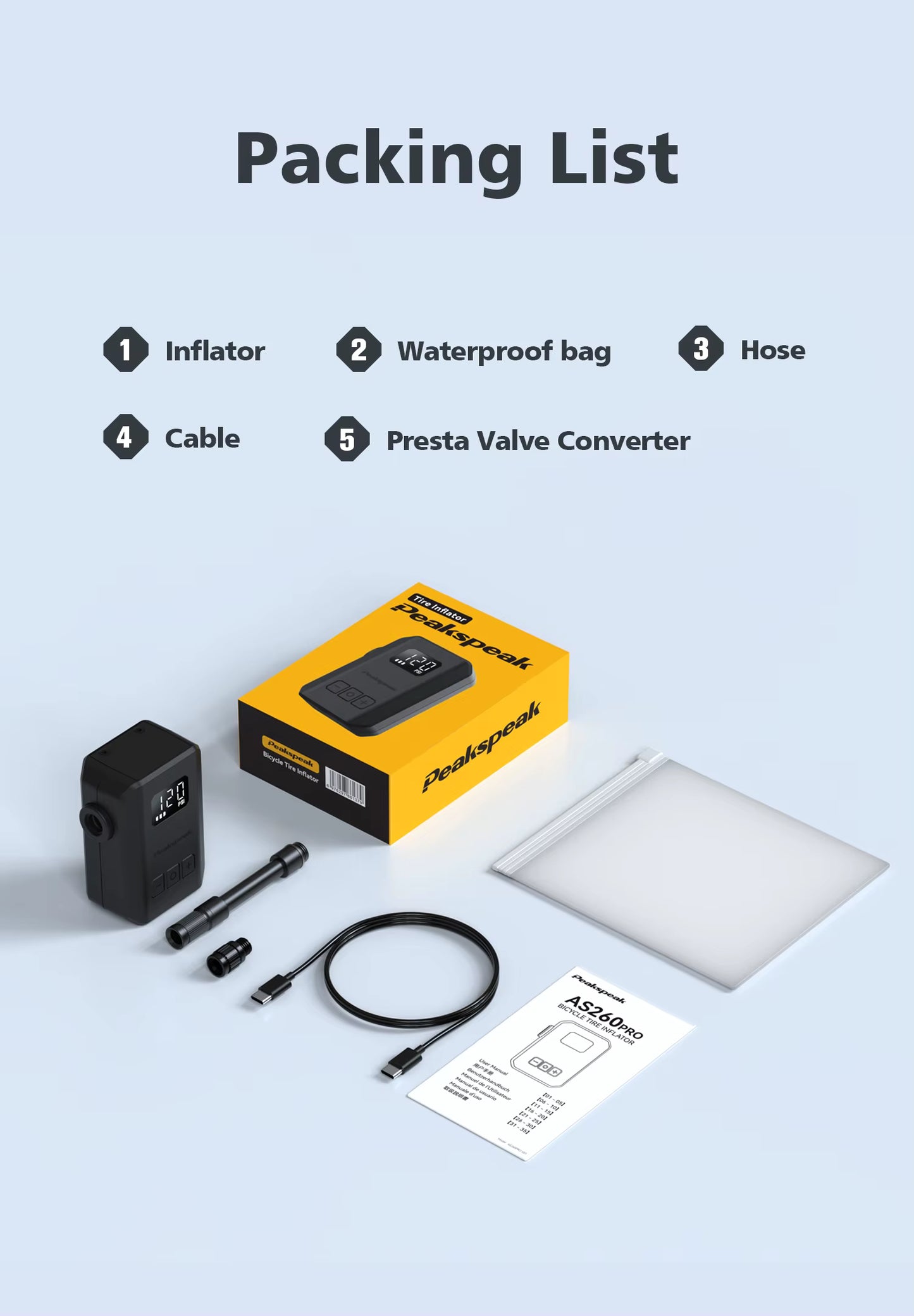 Peakspeak AS260PRO Mini Electric Bike Pump – 120 PSI Cordless Inflator