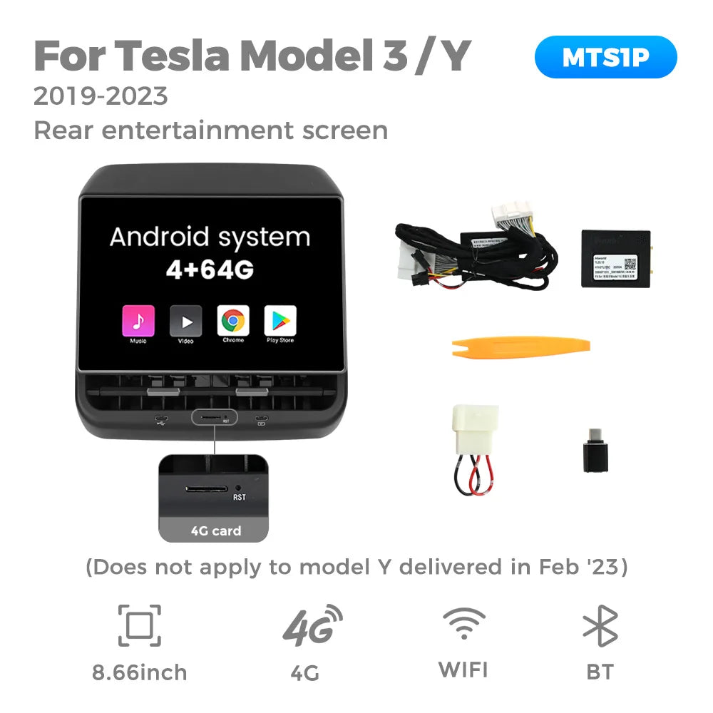 8.66-Inch Android Rear Display for Tesla Model 3 / Model Y 2019–2023