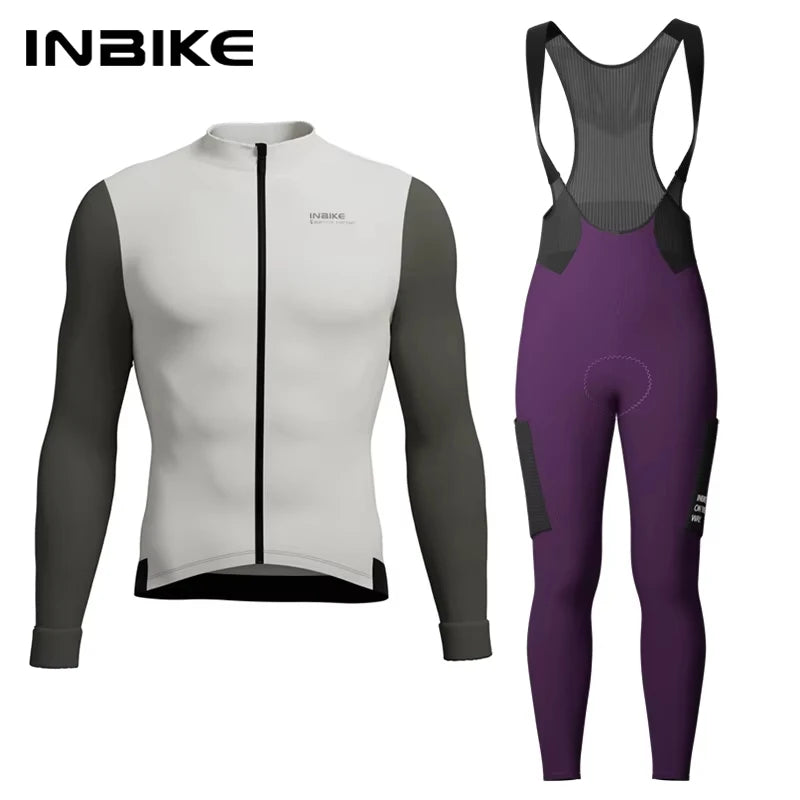 INBIKE Men's Winter Thermal Cycling Jersey & Fleece Bib Tights Set with Pockets