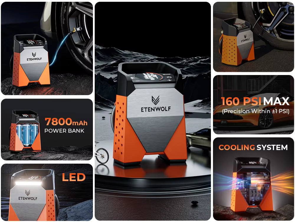 Compresseur d'air portable ETENWOLF ZEPHYR S3C 160 PSI avec batterie 7800mAh