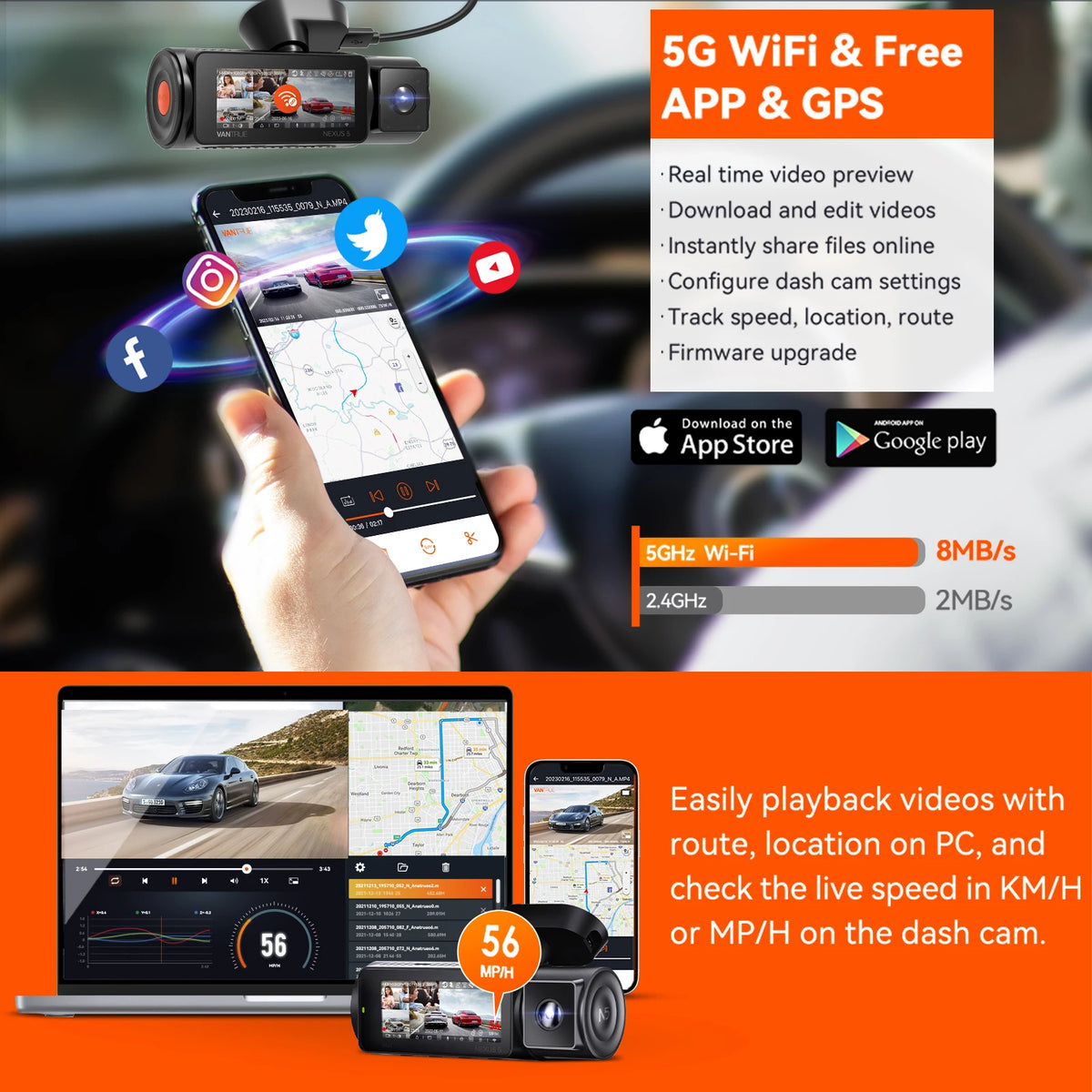 Caméra embarquée 4 canaux Vantrue N5 à 360° avec WiFi, GPS et vision nocturne infrarouge