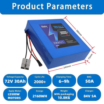 72V Lithium E-Bike Battery Pack – 20Ah or 30Ah with 5A Charger