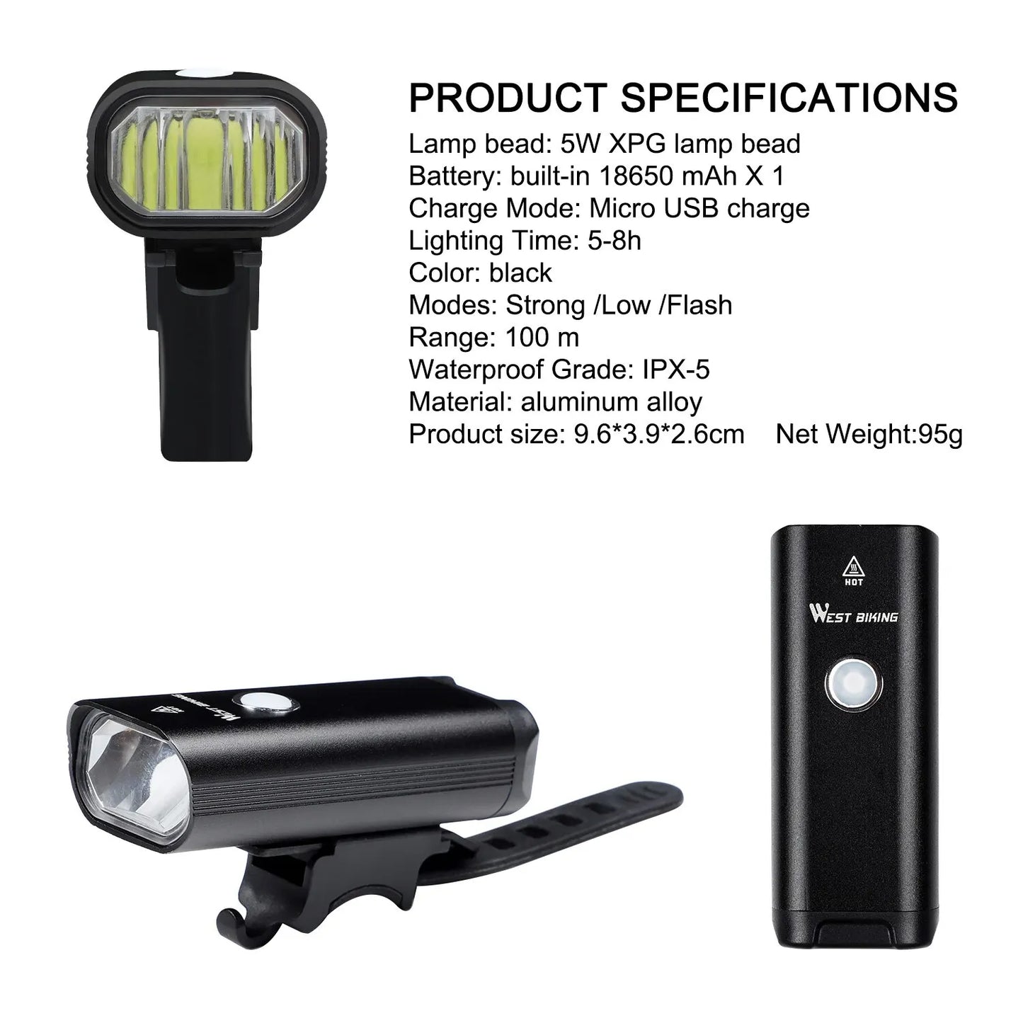 WEST BIKING USB wiederaufladbares LED-Fahrradlicht