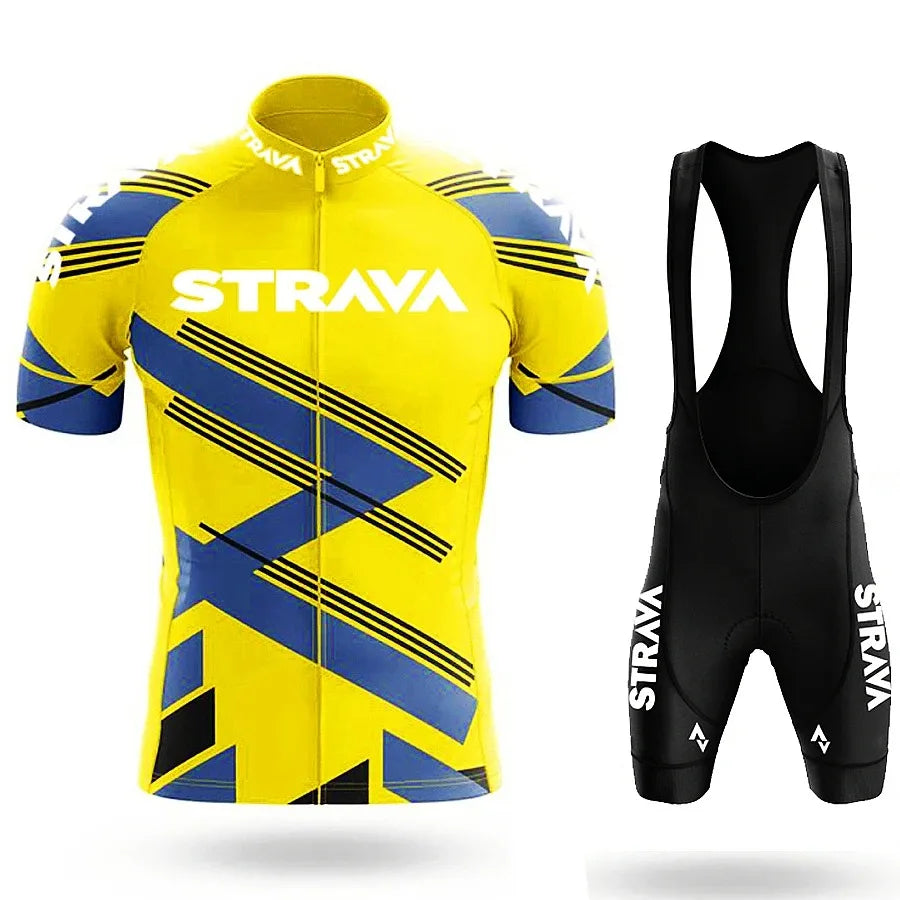 Strava Men's Summer Cycling Jersey & Bib Shorts Set with Padded Chamois