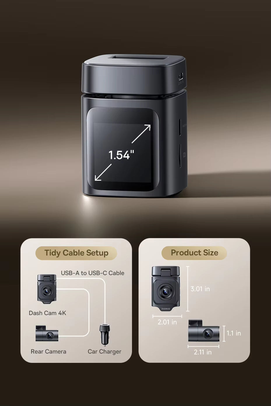 Baseus 4K + 1080P Dual Dash Cam with Sony STARVIS, GPS & Wi-Fi 6