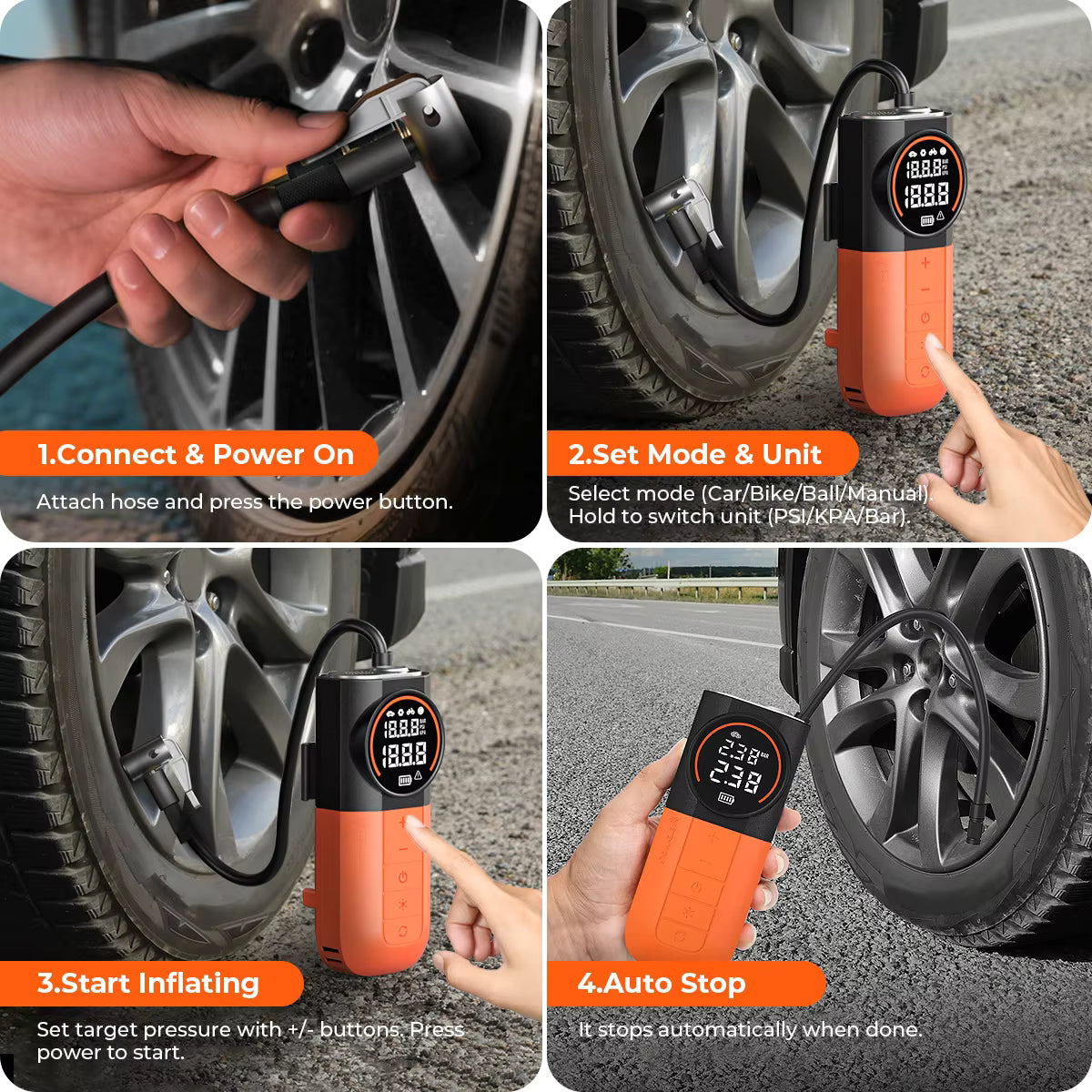 ETENWOLF S1 160 PSI Portable Tyre Inflator with 5200mAh Battery