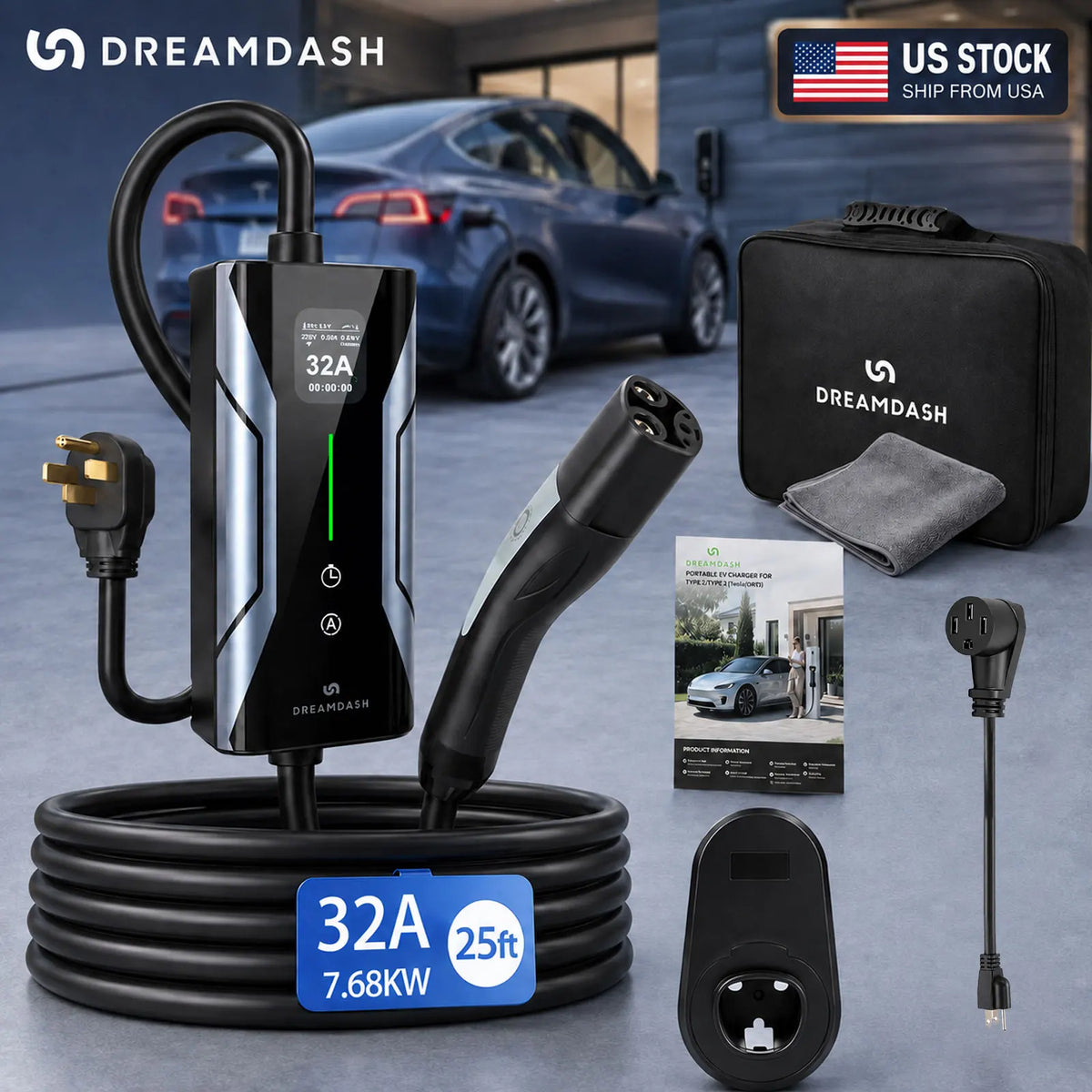 DREAMDASH 32A Level 2 Portable Tesla EV Charger