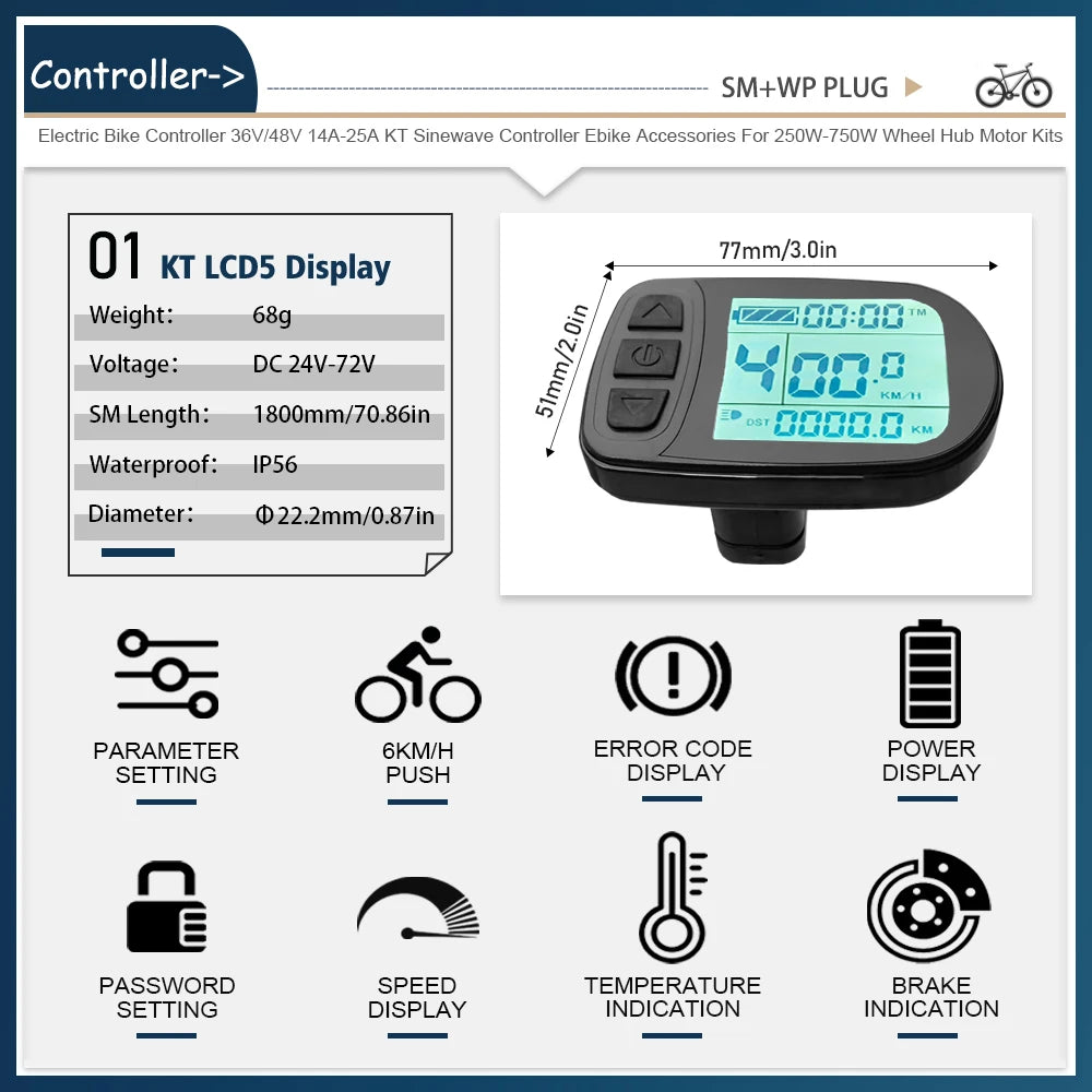 KT Sine Wave E-Bike Controller with LCD5 Display – 36V/48V Waterproof Kit