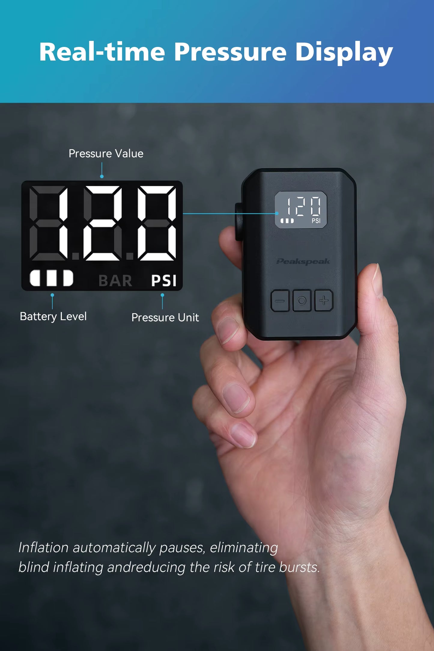 Peakspeak AS260PRO Mini Electric Bike Pump – 120 PSI Cordless Inflator