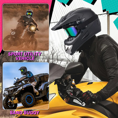 Motocross Integralhelm Erwachsenen Dirt Bike UTV Offroad Helm Brille Handschuhe und Gesichtsmaske Mattschwarz Motorradzubehör
