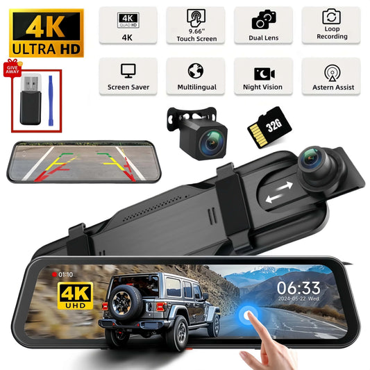 10-Inch IPS Touchscreen Mirror Dash Cam with 4K Front & Rear Recording