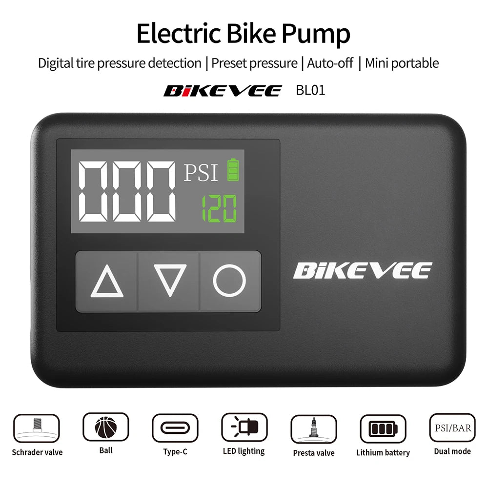 BIKEVEE Mini-Elektrofahrradpumpe 120 PSI mit digitaler Anzeige