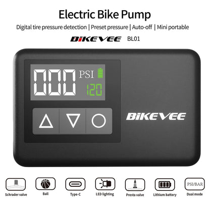 BIKEVEE Mini-Elektrofahrradpumpe 120 PSI mit digitaler Anzeige