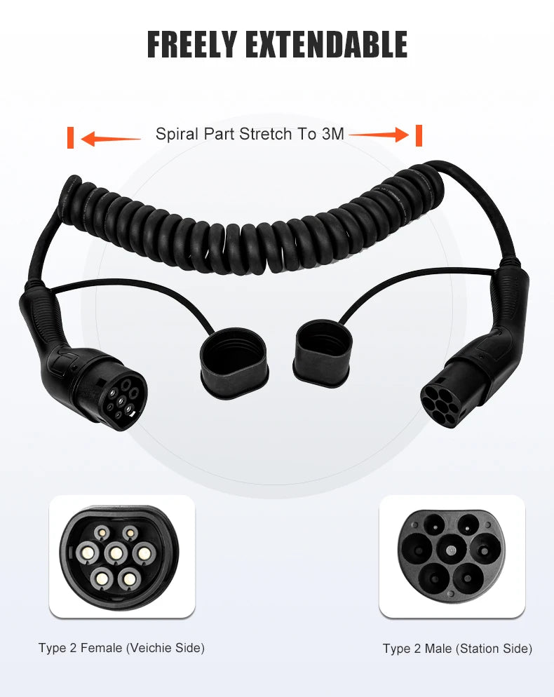 NexEV Type 2 to Type 2 Spiral EV Charging Cable 16A / 32A