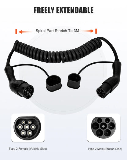 NexEV Type 2 to Type 2 Spiral EV Charging Cable 16A / 32A