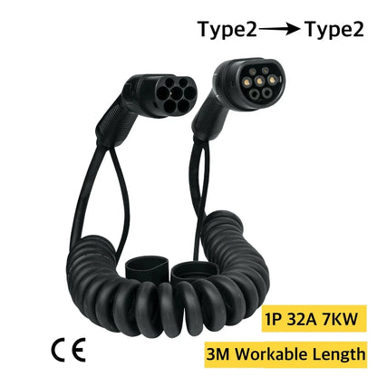 NexEV Type 2 to Type 2 Spiral EV Charging Cable 16A / 32A