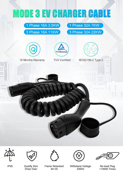 NexEV Type 2 to Type 2 Spiral EV Charging Cable 16A / 32A