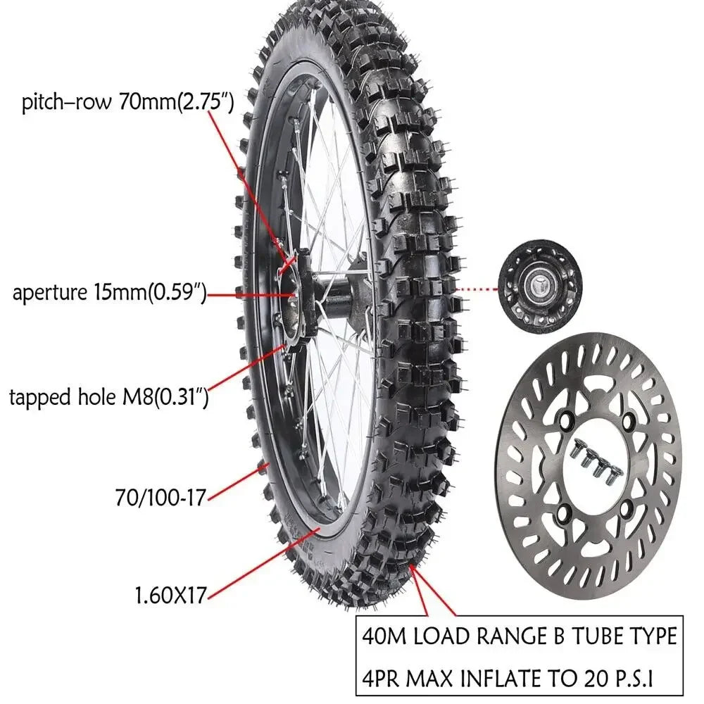 TDPRO Dirt Pit Bike 70/100-17 (2.75x17) 1.6x17 Vorderradreifen mit Schlauch und 15mm Lager für Apollo 125 SSR SDG