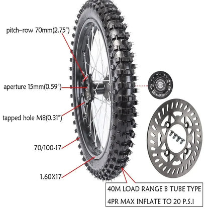 TDPRO Dirt Pit Bike 70/100-17 (2.75x17) 1.6x17 Vorderradreifen mit Schlauch und 15mm Lager für Apollo 125 SSR SDG