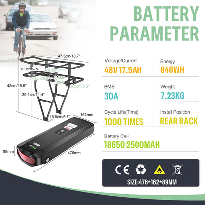 Rear Rack E-Bike Battery 36V / 48V 17.5Ah / 20.8Ah