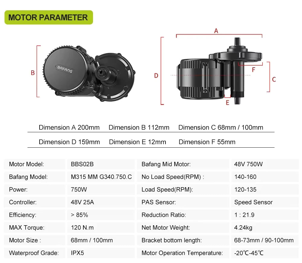 BAFANG BBS02B 48V 750W CAN BUS Mid-Drive E-Bike Conversion Kit