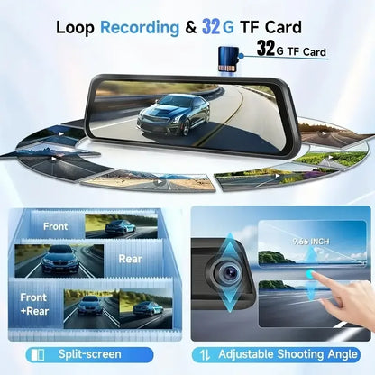 Rétroviseur dashcam à écran tactile IPS de 10 pouces avec enregistrement 4K avant et arrière