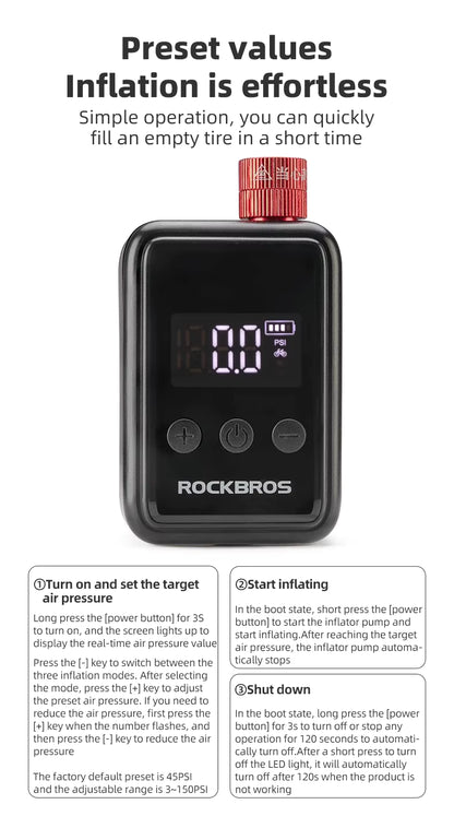 ROCKBROS Fahrradpumpe 150PSI Tragbare Taschen-Elektroluftpumpe Schrader-Presta-Ventil MTB Wiederaufladbarer Kompressor Reifenfüller