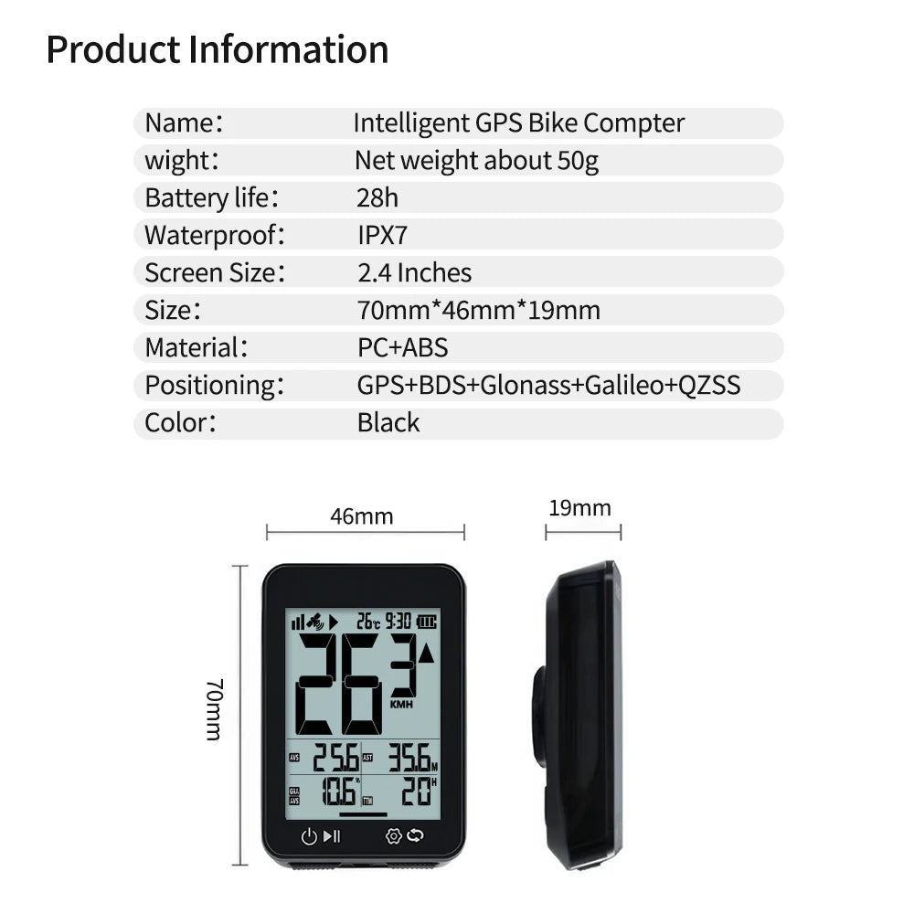 Kabelloser GPS-Fahrradcomputer mit 2,4"-LCD-Display