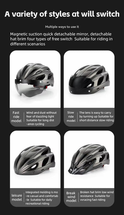 ROCKBROS Fahrradhelm, leichter integrierter Helm, Kopfschutz, Schutzhelm mit Brille, Herren Damen MTB Rennrad Helm