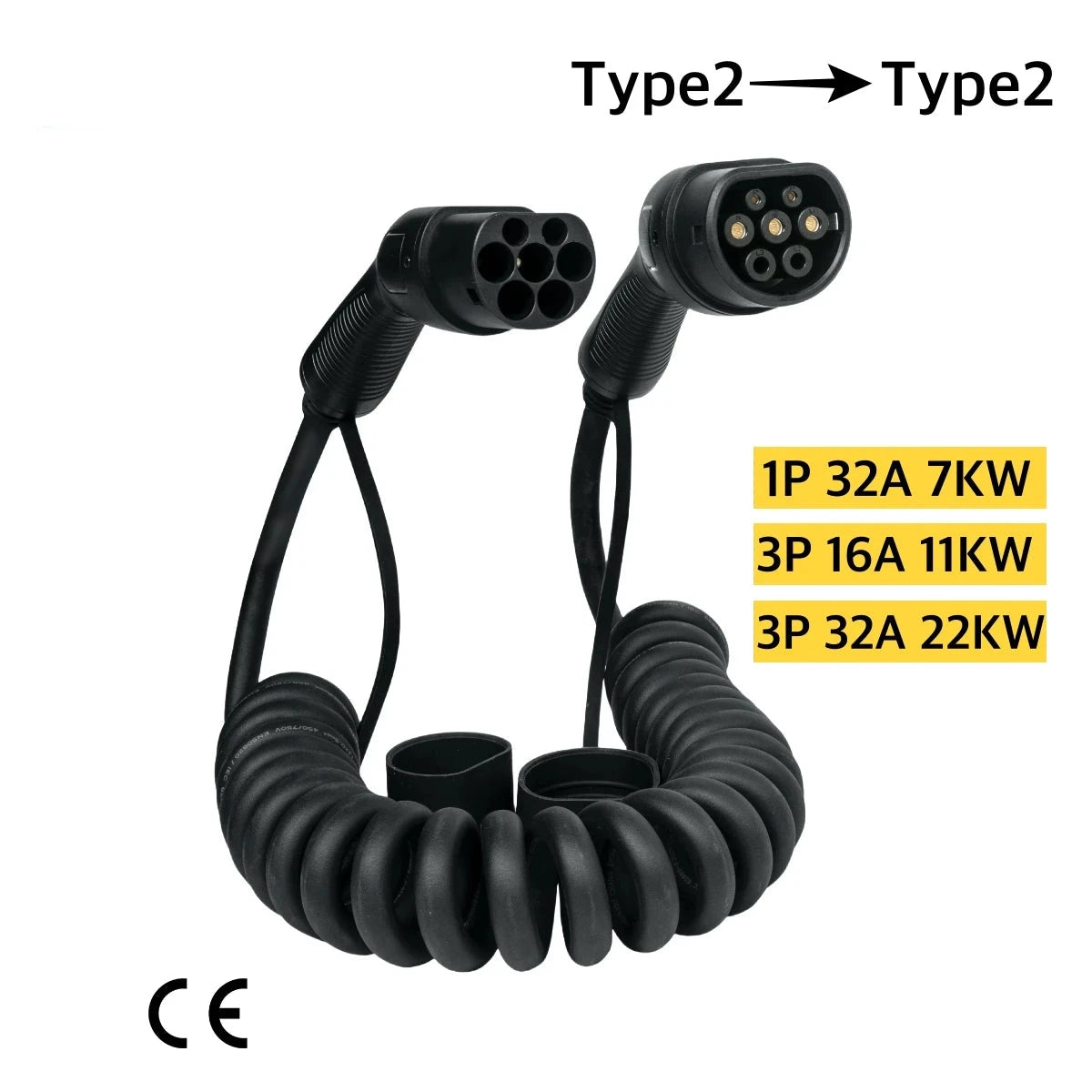 NexEV Type 2 to Type 2 Spiral EV Charging Cable 16A / 32A