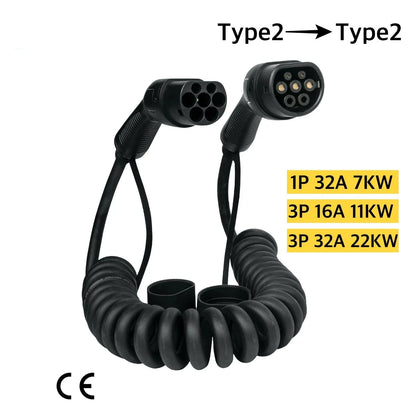 NexEV Type 2 to Type 2 Spiral EV Charging Cable 16A / 32A