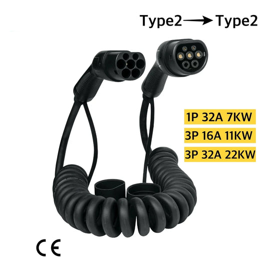 NexEV Type 2 to Type 2 Spiral EV Charging Cable 16A / 32A