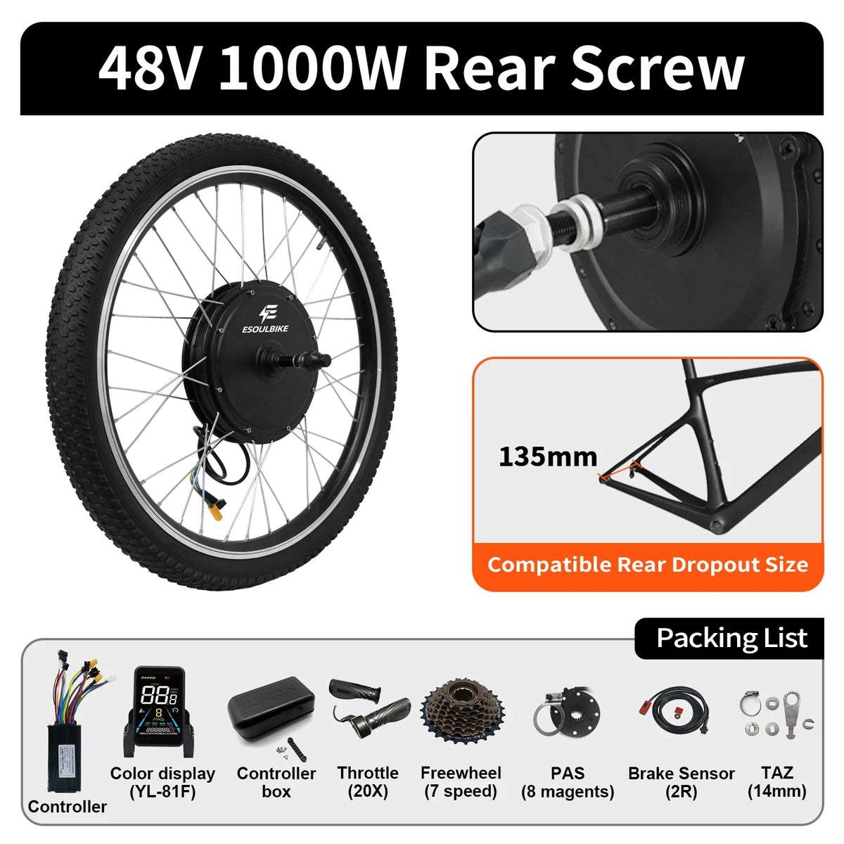 48V 1000W 1500W Rear Hub Motor E-Bike Conversion Kit