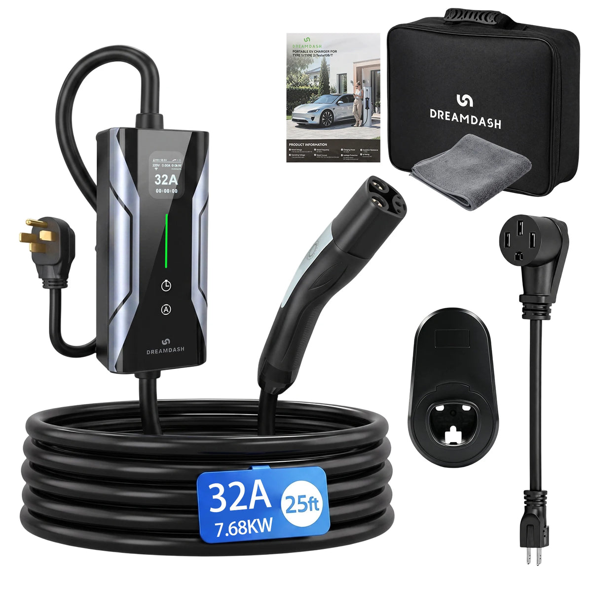 DREAMDASH 32A Level 2 Portable Tesla EV Charger