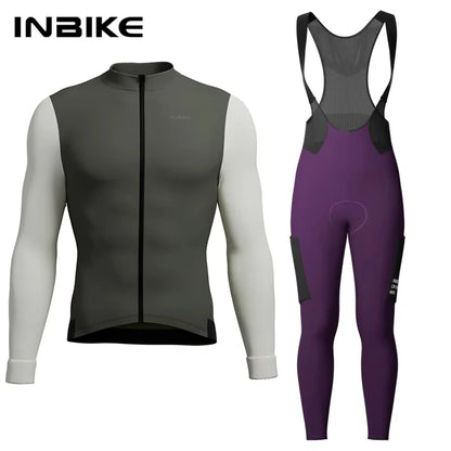 INBIKE Men's Winter Thermal Cycling Jersey & Fleece Bib Tights Set with Pockets