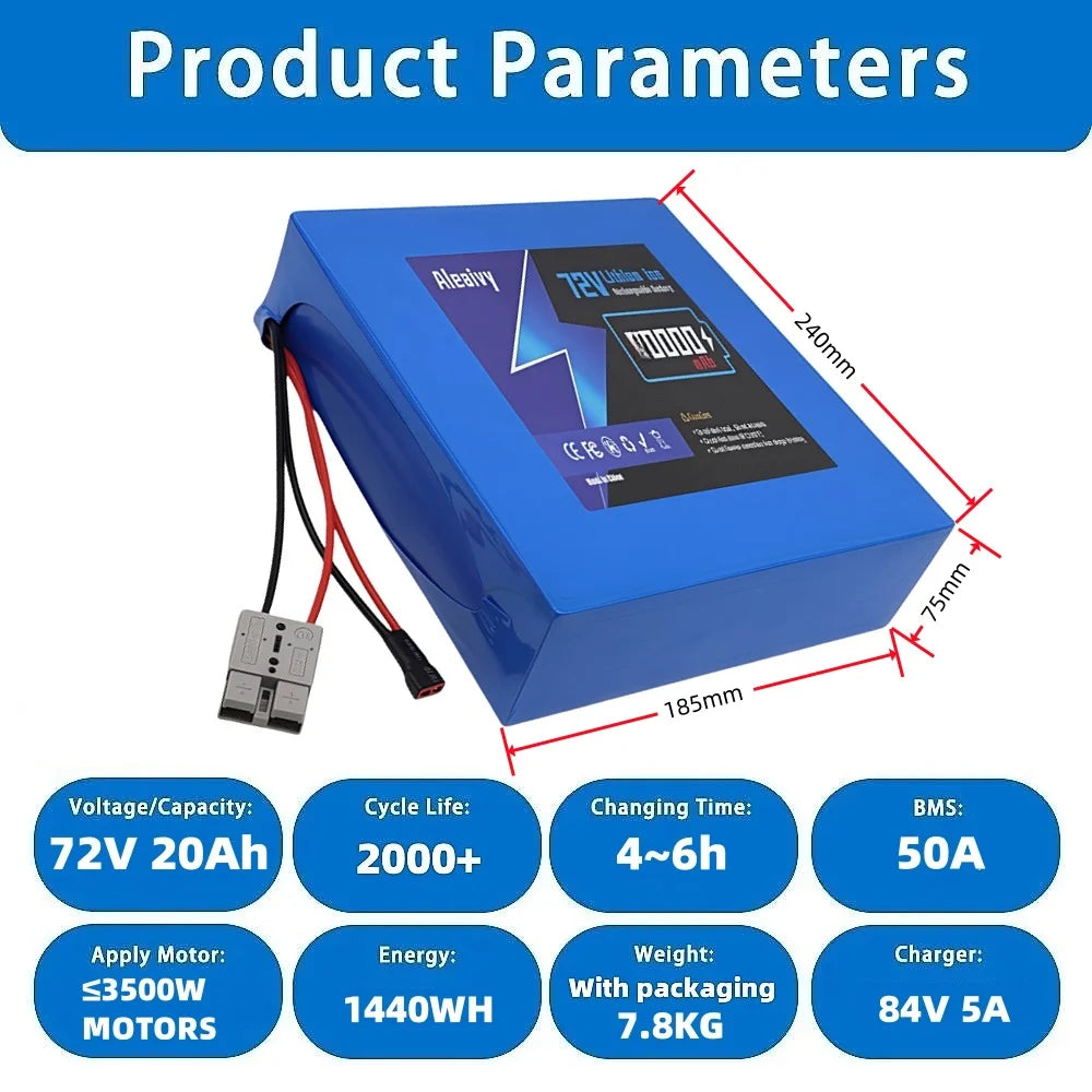 72V Lithium E-Bike Battery Pack – 20Ah or 30Ah with 5A Charger