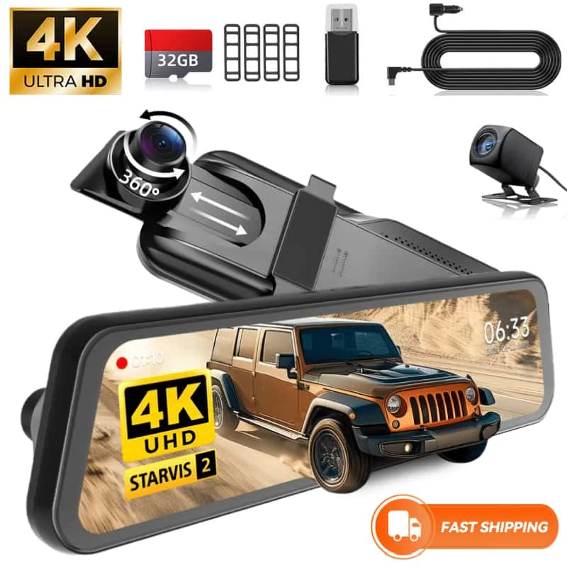 Rétroviseur dashcam à écran tactile IPS de 10 pouces avec enregistrement 4K avant et arrière