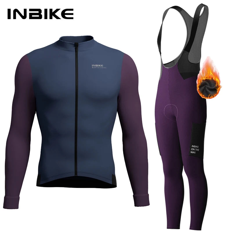 INBIKE Men's Winter Thermal Cycling Jersey & Fleece Bib Tights Set with Pockets