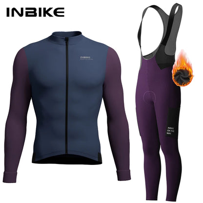 INBIKE Men's Winter Thermal Cycling Jersey & Fleece Bib Tights Set with Pockets