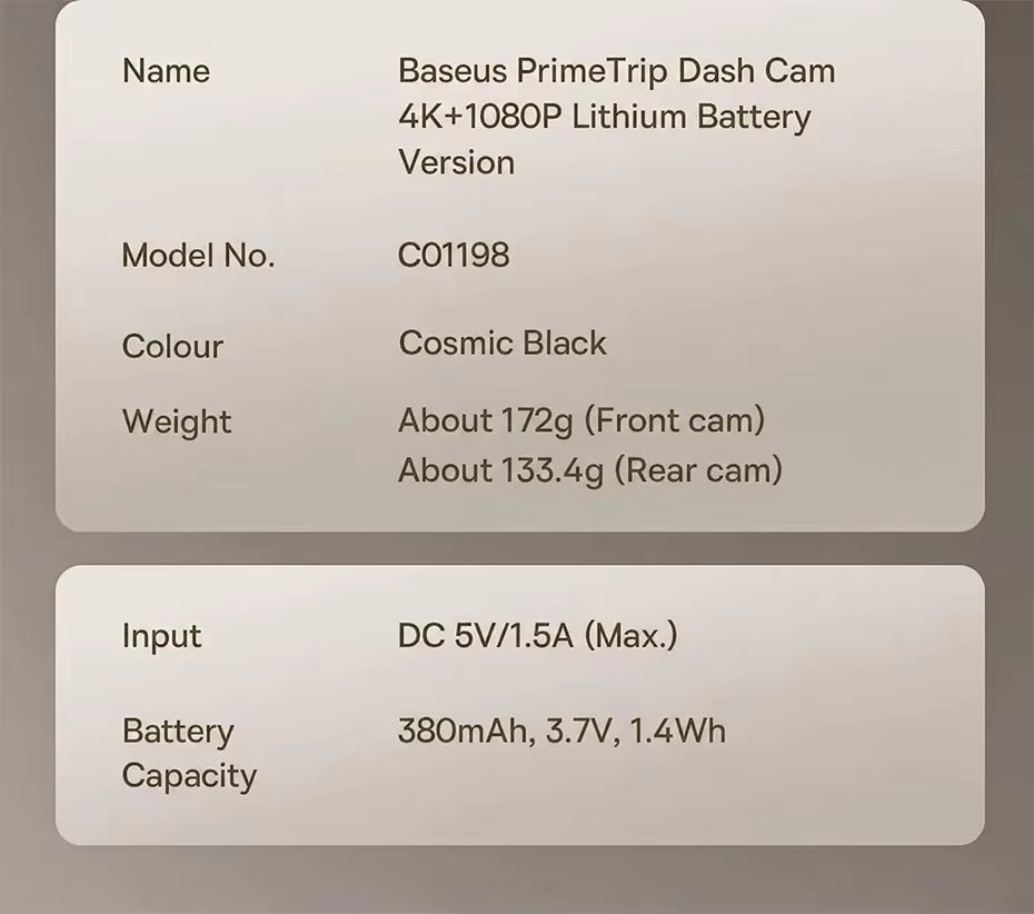 Baseus 4K + 1080P Dual Dash Cam with Sony STARVIS, GPS & Wi-Fi 6