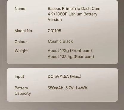 Baseus 4K + 1080P Dual Dash Cam with Sony STARVIS, GPS & Wi-Fi 6