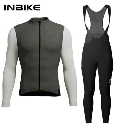 INBIKE Men's Winter Thermal Cycling Jersey & Fleece Bib Tights Set with Pockets
