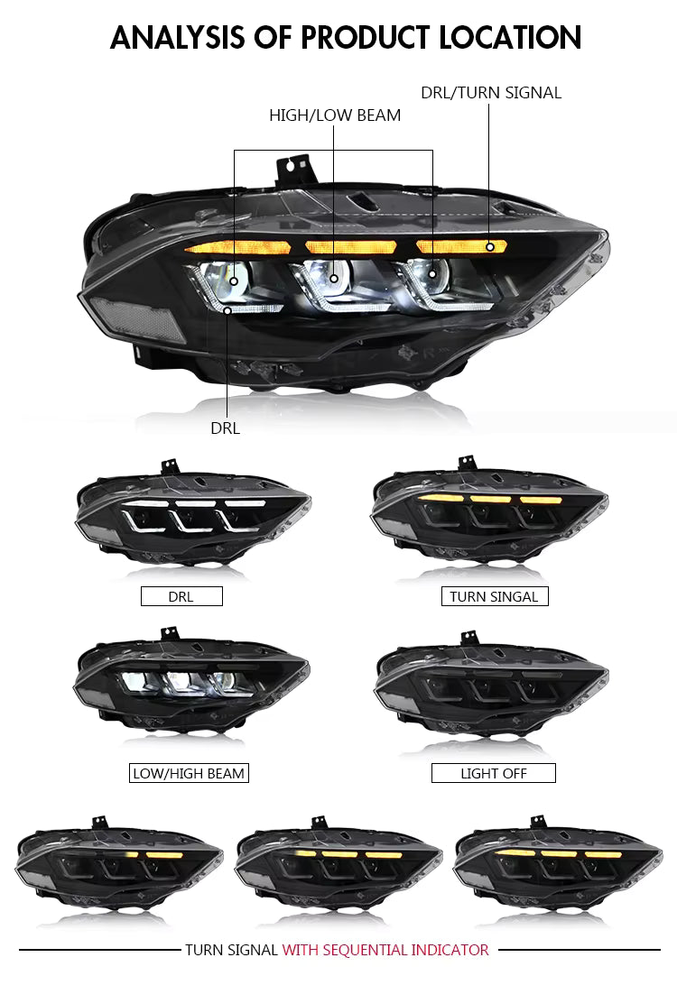 Ford Mustang 2018-2022 Full LED Headlight Assembly with Lighting Control