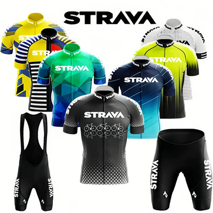 Strava Men's Summer Cycling Jersey & Bib Shorts Set with Padded Chamois