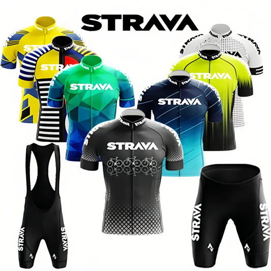 Strava Men's Summer Cycling Jersey & Bib Shorts Set with Padded Chamois