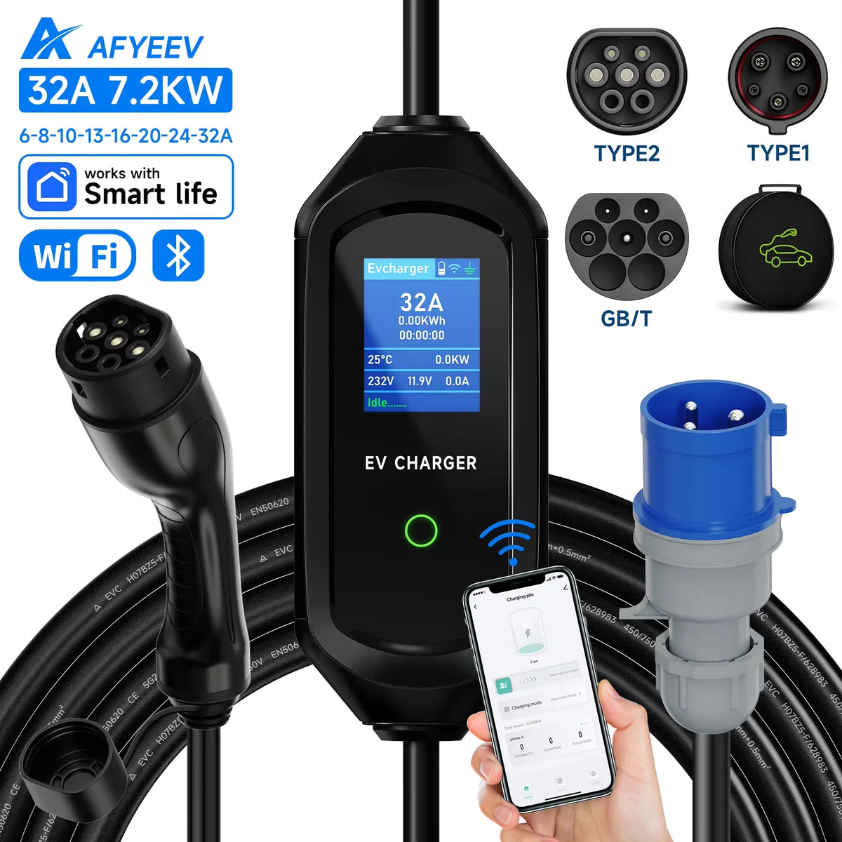 AFYEEV 32A 7.2kW Portable EV Charger