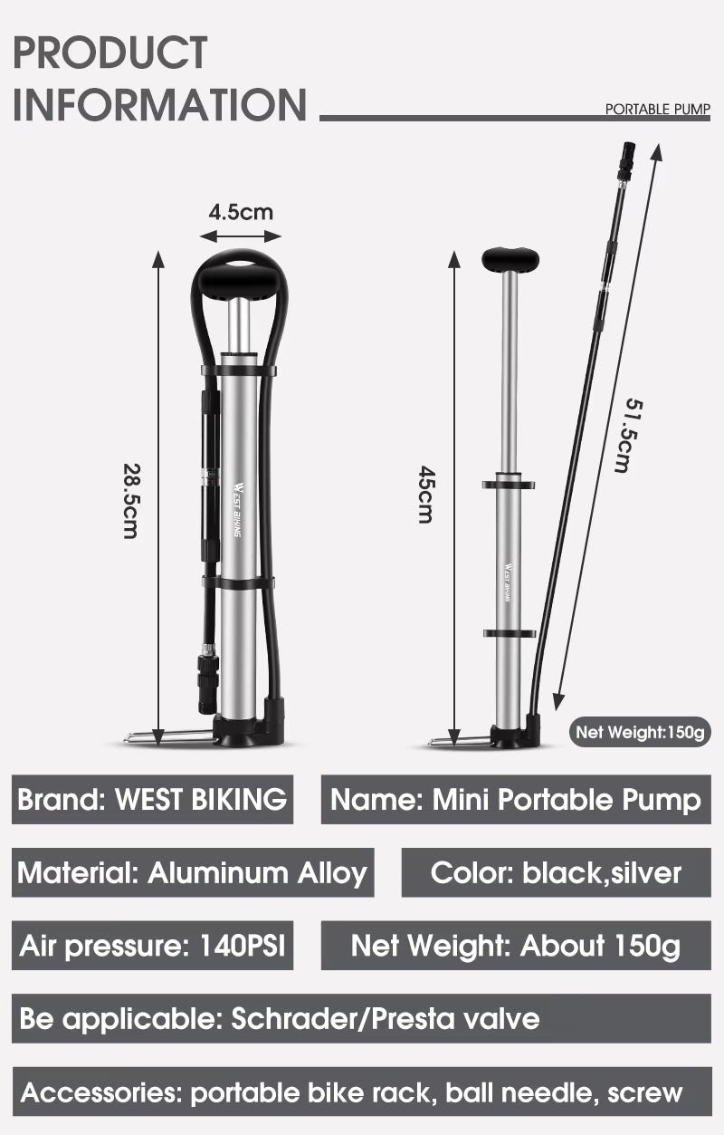 WEST BIKING Tragbare Fahrradpumpe mit langem Schlauch