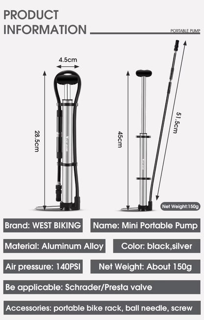 WEST BIKING Tragbare Fahrradpumpe mit langem Schlauch